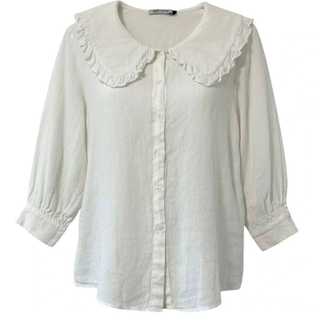 Zara Ruffled Peter Pan Collar Linen Blouse Women Medium White Cottagecore